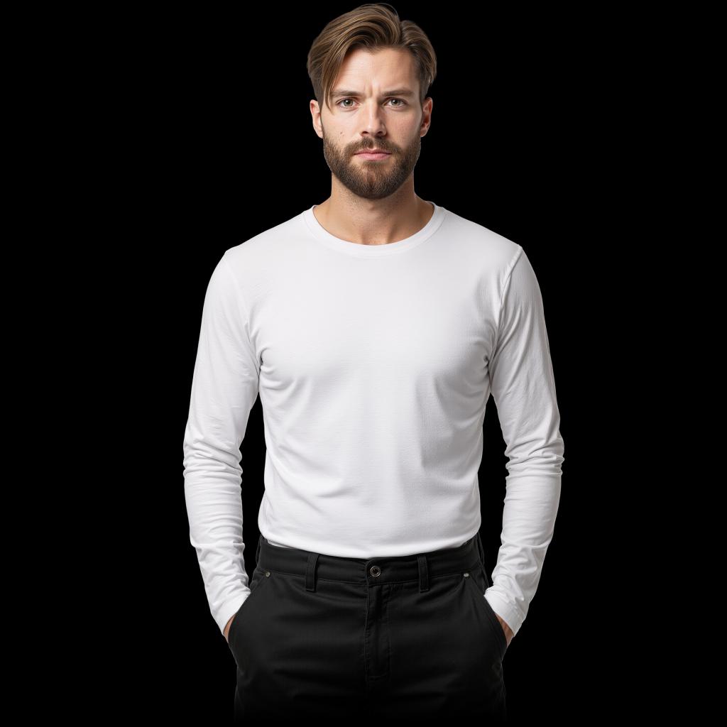 Vyriški marškinėliai LONGSLEEVE, ilgomis rankovėmis, 100% medvilnės, balti