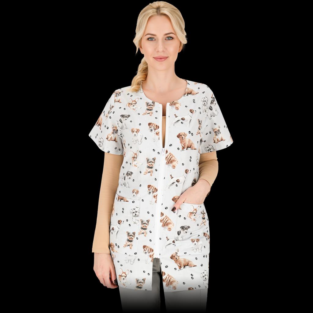 Veterinarijos sričiai sukurta moteriška tunika PUPPY, su užtrauktuku