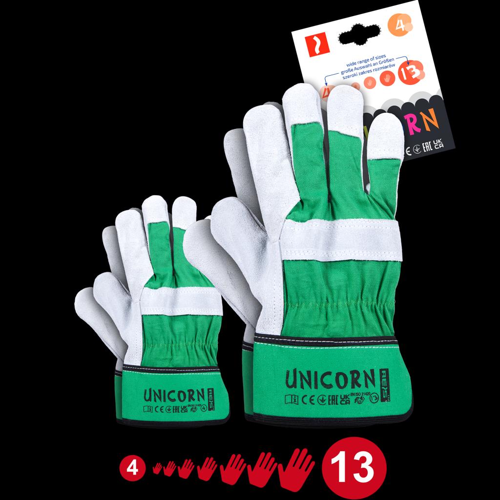 Apsauginės darbo pirštinės CORN, sustiprintos galvijų oda, dydžiai nuo 4 iki 13