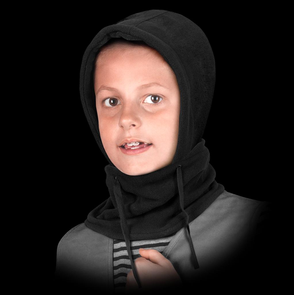 Šiltas vaikiškas flisinis gaubtuvas su kaklo mova HOOD KIDS, juodos spalvos