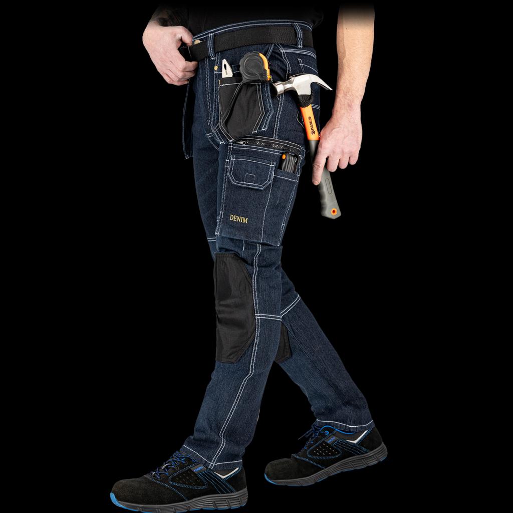 Itin tvirtos ir patogios džinsinės medžiagos darbo kelnės JEANS 415, su kabančiomis kišenėmis, mėlynos spalvos