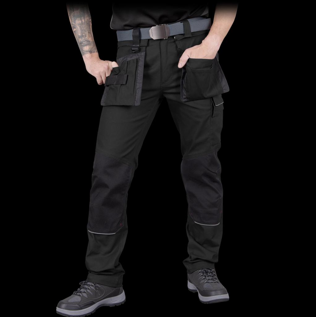 Elastingos ir tvirtos darbo kelnės LANDER su papildomomis kišenėmis, juodos spalvos